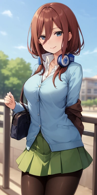 2d, masterpiece, best quality, anime, highly detailed, 1girl, solo, cowboy shot, nakano miku, brown hair, hair between eyes, blue cardigan, headphones, pantyhose, collared shirt, green skirt, miniskirt, medium breasts, standing, school, outdoors, smile