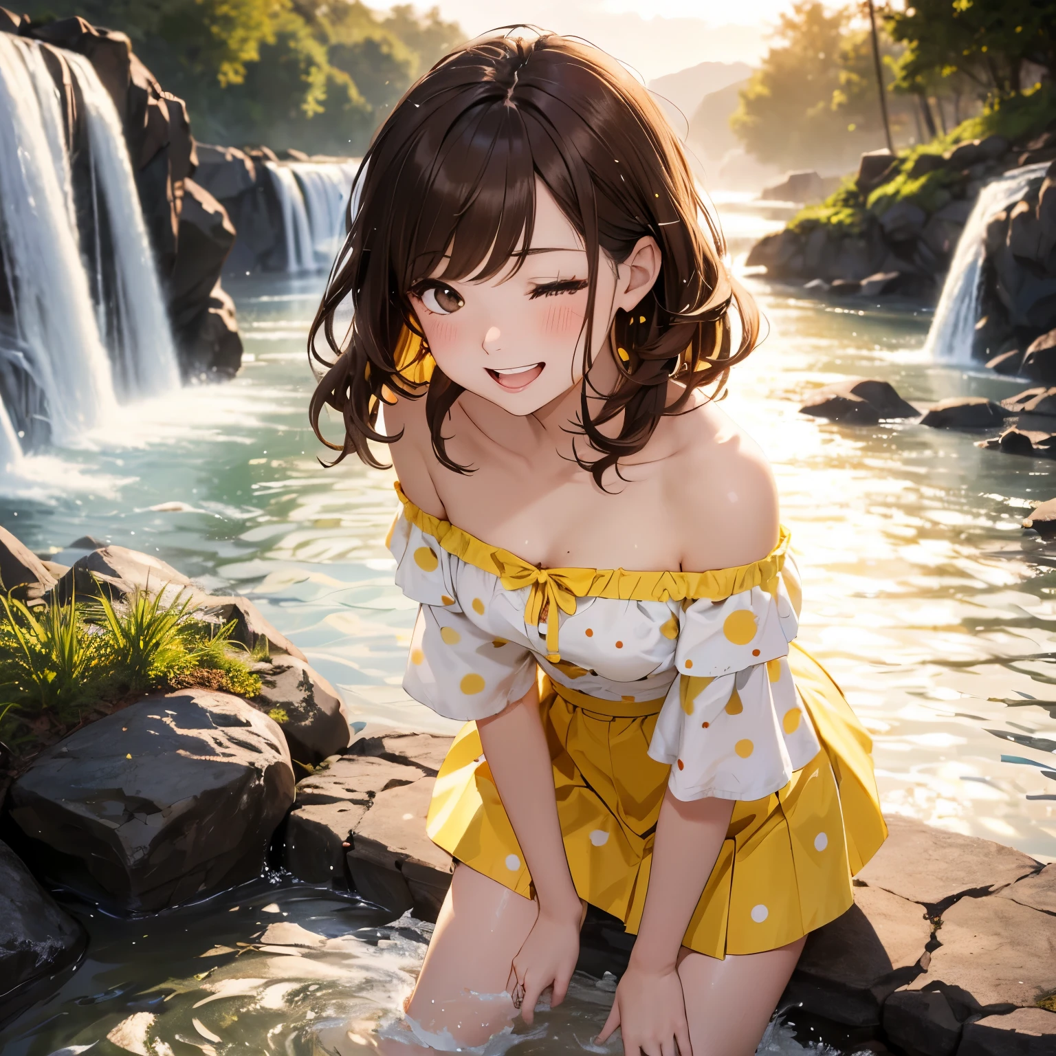 very cute and beautiful girl,floral yellow summer dress with detailed frills,sleeveless,(skirt lift,white panties),(highly detailed beautiful face and eyes:1.2), cowboy shot,smile,black hair,flower crown, (standing by water spring in forest),fog,fantastic stone monument,detailed landscape, (best quality,masterpiece:1.2),(intricate details),extremely detailed,highres,solo, cinematic lighting,dim light,dynamic angle,hair fluttering in the wind,