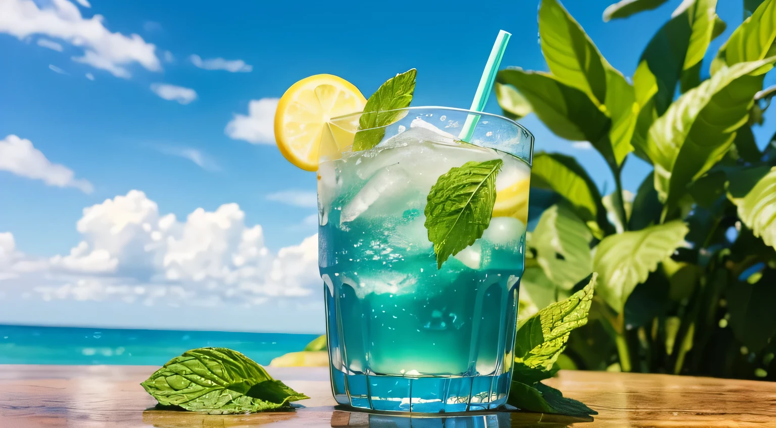 (No one) A soft drink containing lemon, mint leaves, and bubbles. The yellow fades to blue. It's cool. There are colored straws,  cubes, placed on a green leaf, outdoors, a clear blue sky, beautiful clouds