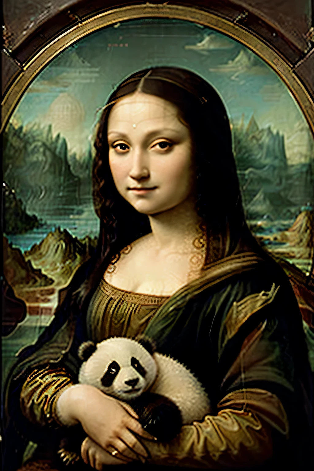 panda bear posing like mona lisa, renaissance painting, cute panda, soft, leonardo da vinci, fluffy, hyper-realistic, hd