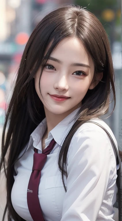 Photorealistic, masutepiece, Best Quality, Raw photo, 1girl in, Solo, Long hair, Brown hair, Detailed face, alluring face, mournful smile、From thigh up、Collared shirt, medium breasts, Dynamic Pose, Looking at Viewer, From below, Detailed background, fine detailed, intricate detailes, Ray tracing, depth of fields, lowkey, nffsw