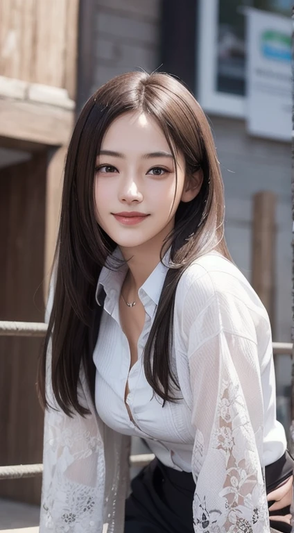 Photorealistic, masutepiece, Best Quality, Raw photo, 1girl in, Solo, Long hair, Brown hair, Detailed face, alluring face, mournful smile、From thigh up、Collared shirt, medium breasts, Dynamic Pose, Looking at Viewer, From below, Detailed background, fine detailed, intricate detailes, Ray tracing, depth of fields, lowkey, nffsw