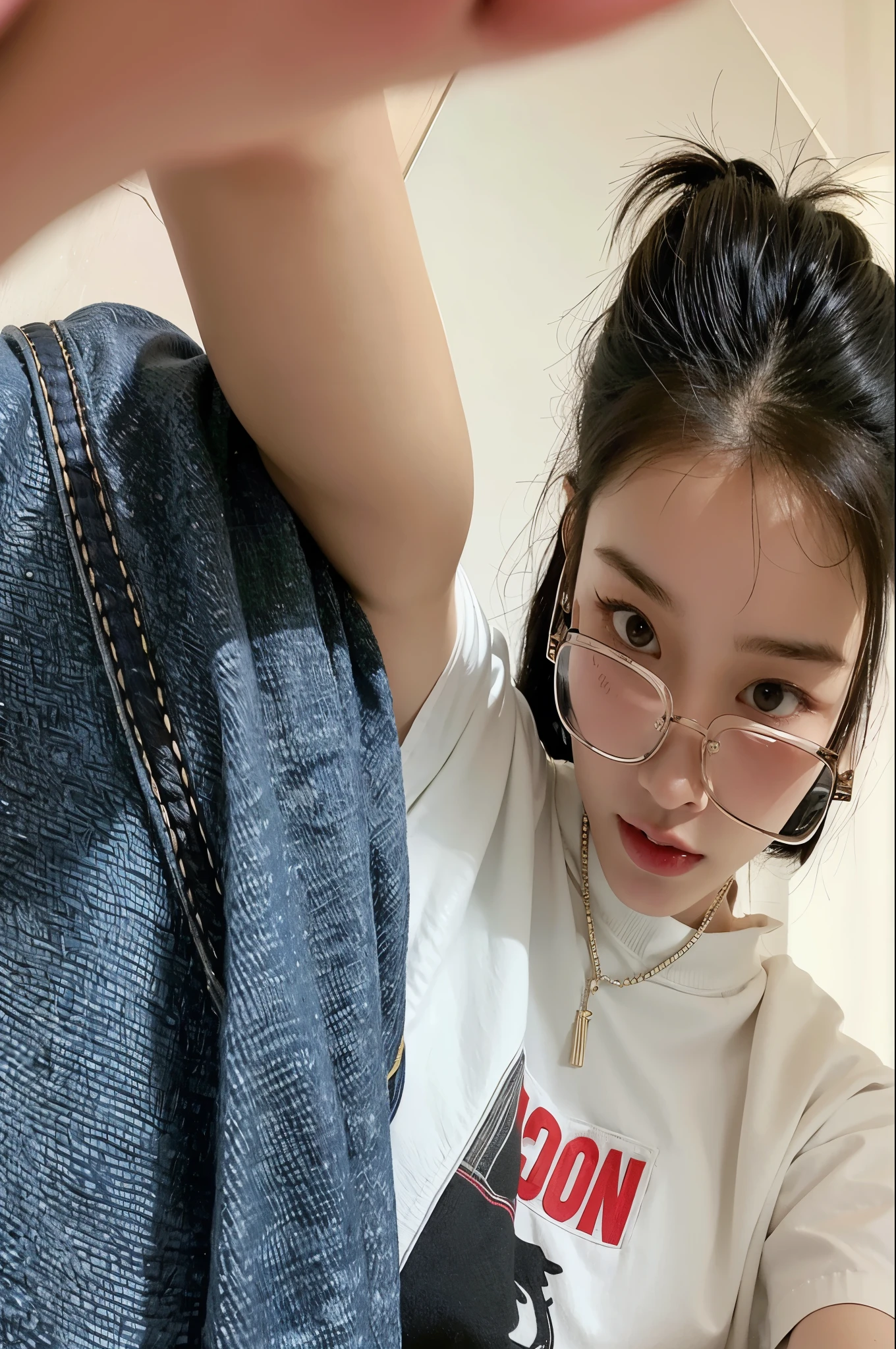 there is a woman with glasses and a white shirt sitting on a sofa, Jinyoung Shin, Heonhwa Choe, con gafas, ulzzang, Jaeyeon Nam, wearing small round glasses, 8k selfie photograph, selfie de una mujer joven, Blackpink Jennie, Sakimichan, usar gafas redondas grandes y delgadas, Gongbi, Seseon Yoon