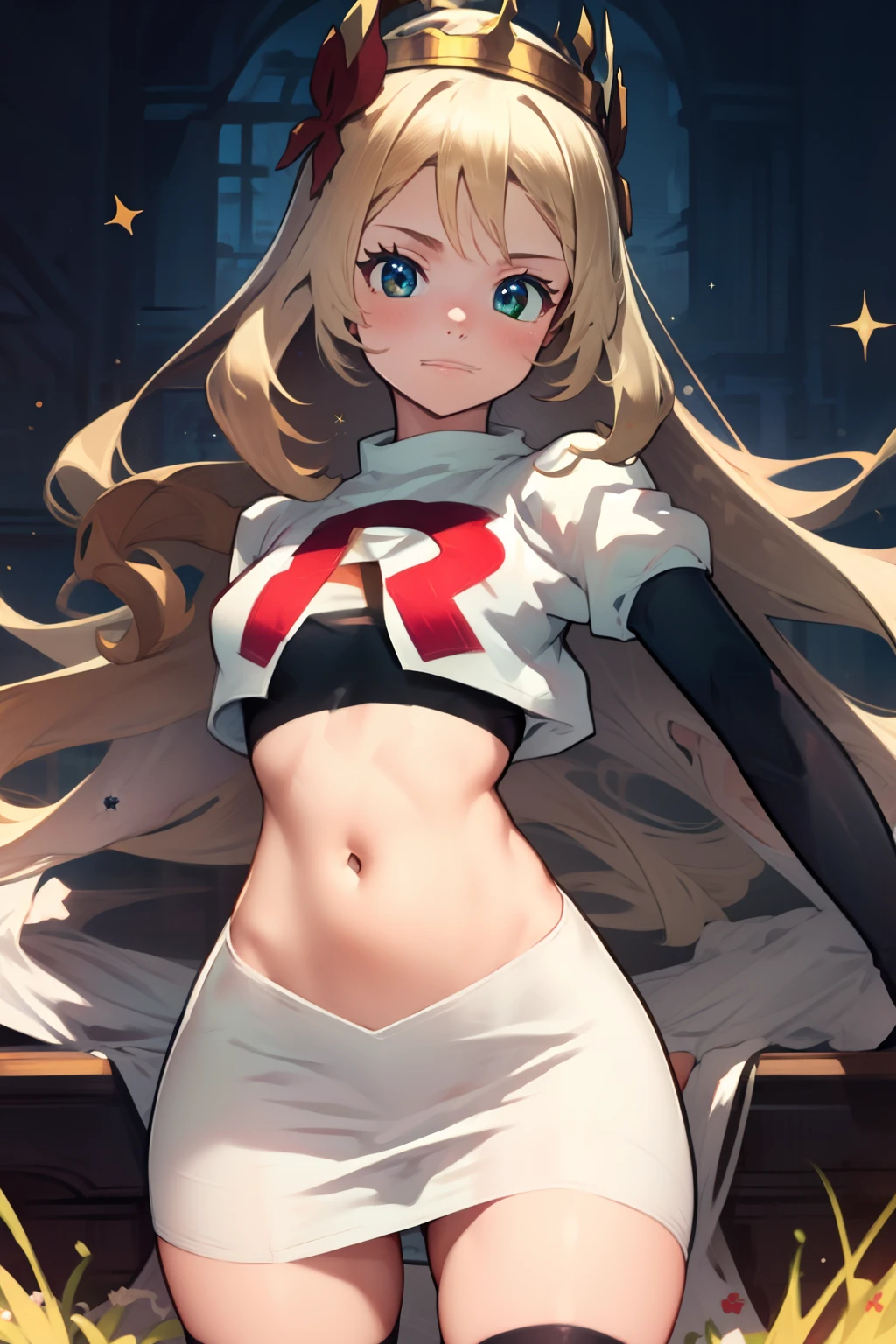 celinefe, celinecrown, team rocket uniform, red letter R, white skirt,white crop top,black thigh-high boots,black elbow gloves, cowboy shot, posing, sparkles of light around the elbow gloves