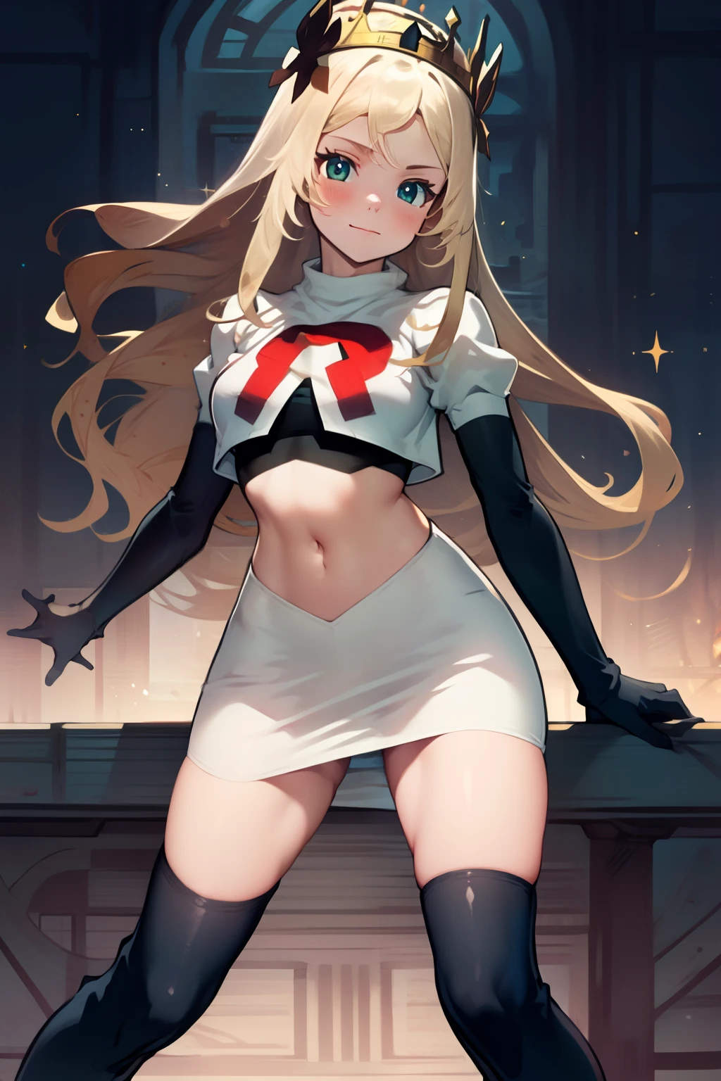 celinefe, celinecrown, team rocket uniform, red letter R, white skirt,white crop top,black thigh-high boots,black elbow gloves, cowboy shot, posing, sparkles of light around the elbow gloves