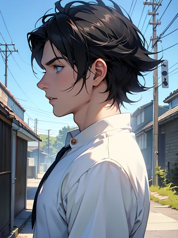 Pale teenage man, male, blue eyes, button nose, thin lips, extremely pretty and handsome, sunlight,  side profile view, casual ,short black hair, pretty, highly detailed, epic, anime style