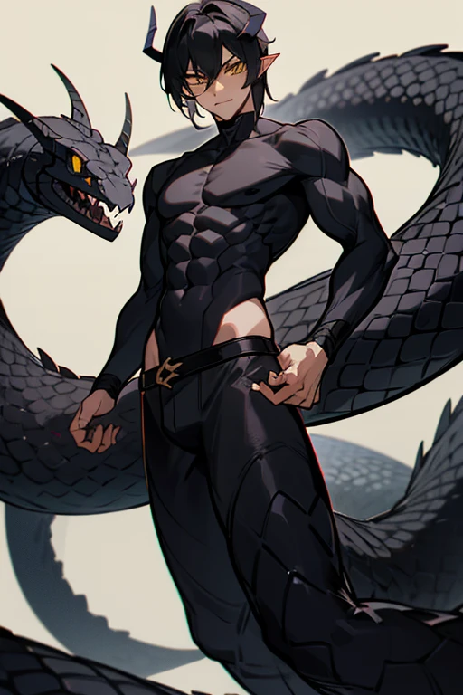 an image a drawing of a man whose lower body is a snake, 1boy, black scales, black snake, male focus, solo, (monster boy), lamia, snake eyes, yellow eyes, (tsurime:1.0), horns, (fang), black hair, muscular, masterpiece, best quality, high resolution, ultra-detailed