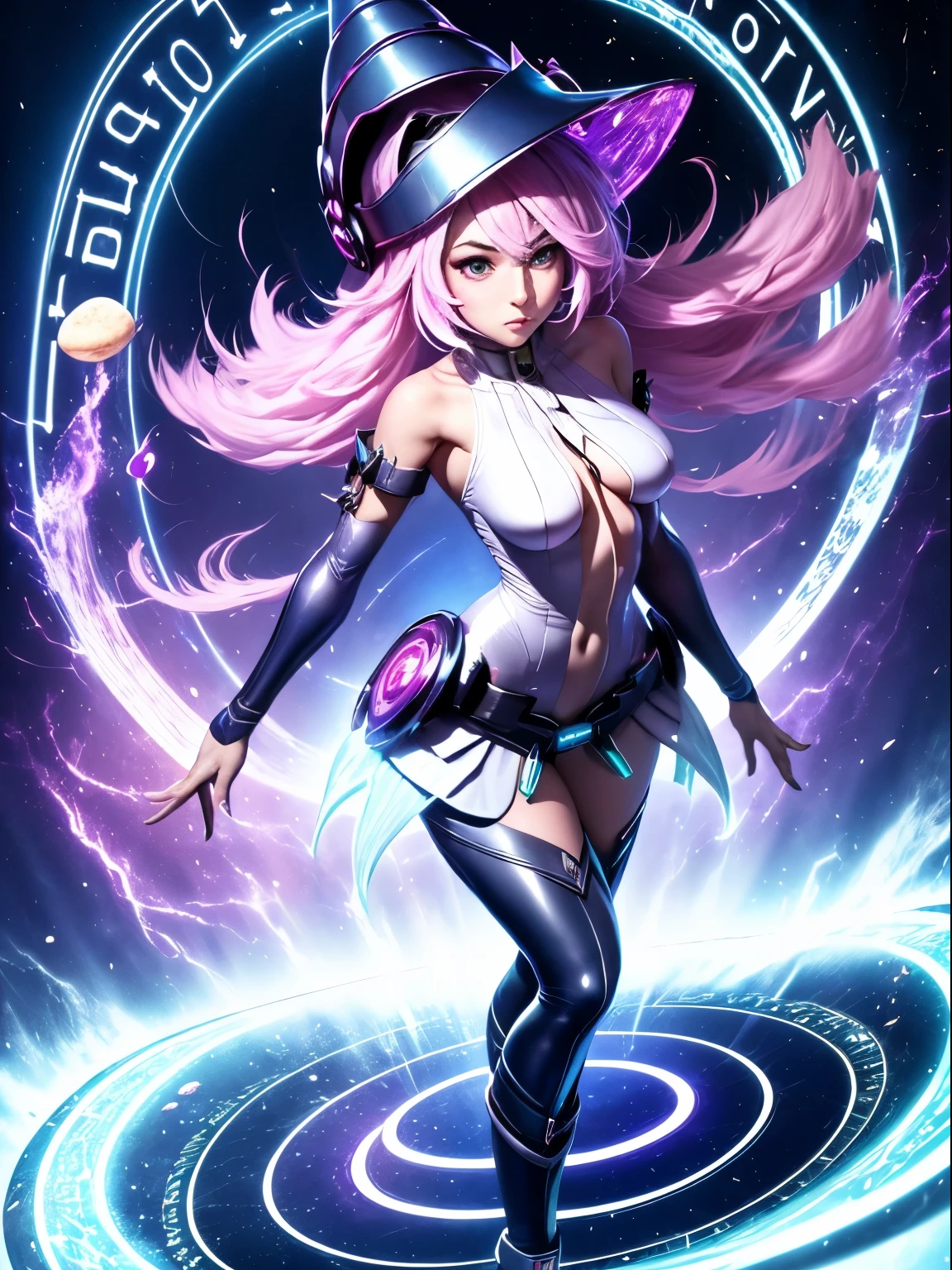 ultra-detallado, extremadamente detallado, obra maestra, sthe highest qualit, la mejor calidad, absurdos, highres, dark magician girl, (1girl: 1.2), solo, cara detallada, dynamic pose, flujo de cabello, (cuerpo completo: 1.1), cabello rubio, cabello largo, mirando al espectador, ojos verdes, skindentation, piel detallada, poros de la piel, (piel brillante, piel brillante: 1.1), detalles de piel rosada, senos, toenail polish, falda, calzado azul, sombrero azul, sombrero de mago, varita, holding hat, (bragas azules: 0.9), (summoning circle: 1.1), hexagrama, pentacle, pentagrama, yu-gi-oh!, monstruo de duelo, Purple Magic Field, resplandor, fondo detallado, fondo intrincado, Pose sujestiva y sensual