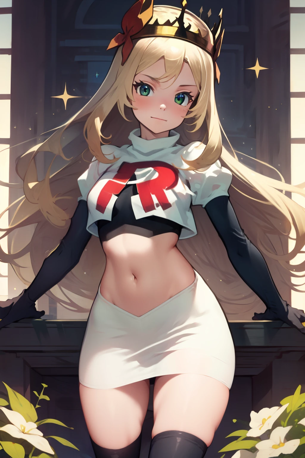 celinefe, celinecrown, team rocket uniform, red letter R, white skirt,white crop top,black thigh-high boots,black elbow gloves, cowboy shot, posing, sparkles of light around the elbow gloves