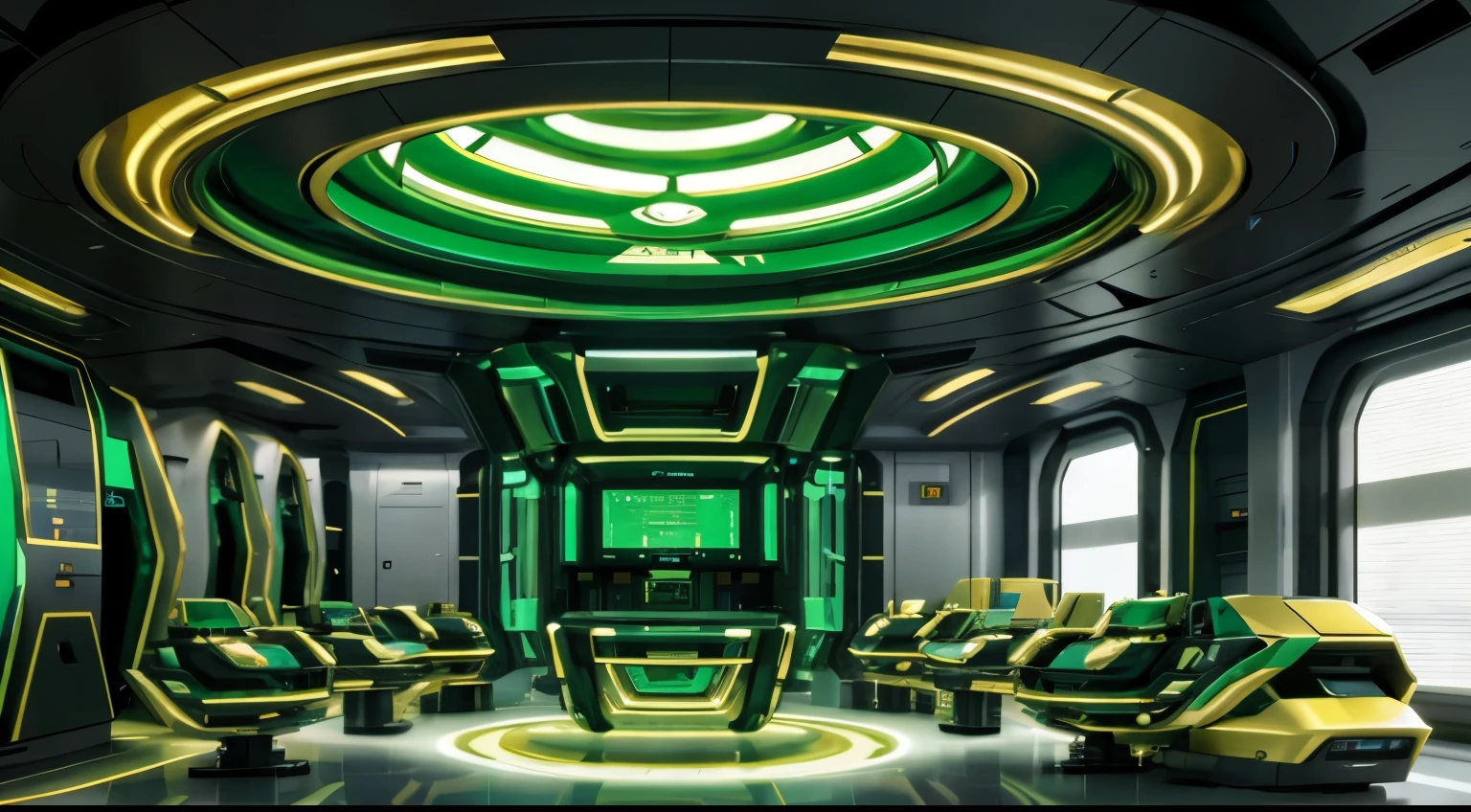 A futuristic emerald and golden laboratory