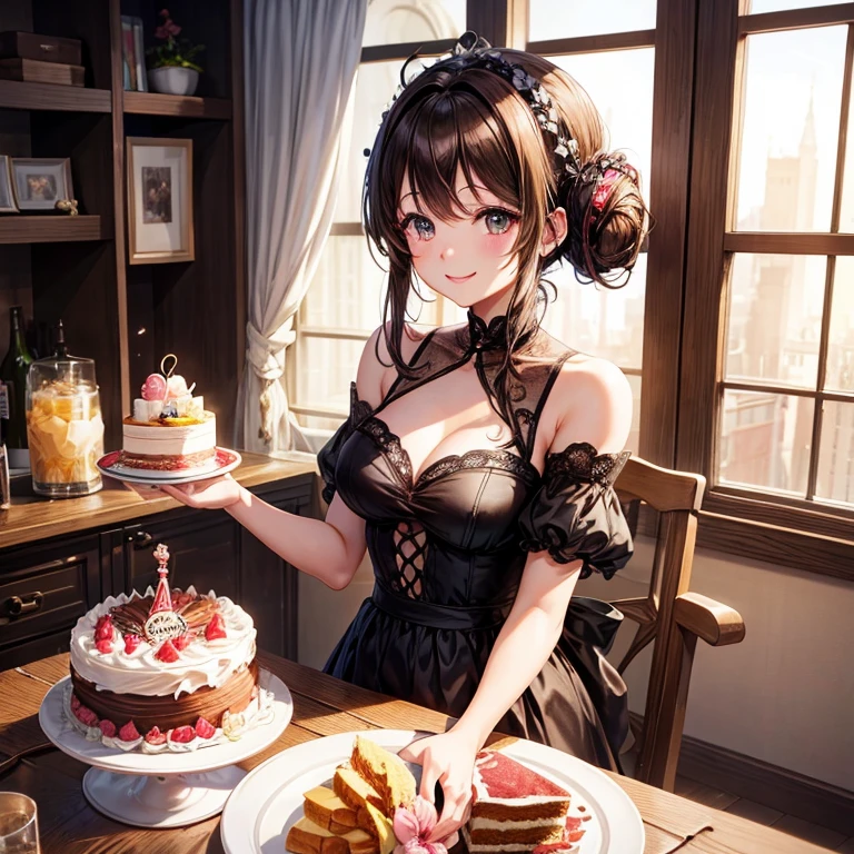 animesque、a beauty girl、amorous、a room、a cake、birthday、dining、A smile、Brown hair、Black eyes glow、へにょへにょしたA smile、Bun hair