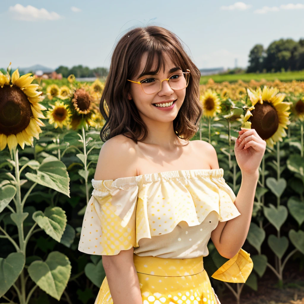 absurderes, ultra-detailliert,bright colour,(in 8K:1.3),masuter piece,extremely beautiful detailed face and eyes, 25 years old,(Smooth wavy brown hair:1.3), (Shiny medium hair:1.2),(Pattsun bangs:1.2) Delicate beautiful face, red blush、(Deep Brown eyes:1puffy off shoulder yellow and white with yellow spots short skirt:1.3), thin round glasses, standing around with sunflowers, smiling with eyes closed and with teeth, sunflower field, Natural Nice Spot, standing, Detailed face,