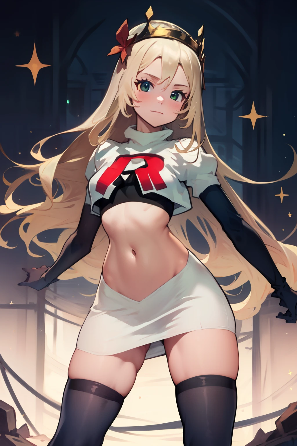 celinefe, celinecrown, team rocket uniform, red letter R, white skirt,white crop top,black thigh-high boots,black elbow gloves, cowboy shot, posing, sparkles of light around the elbow gloves