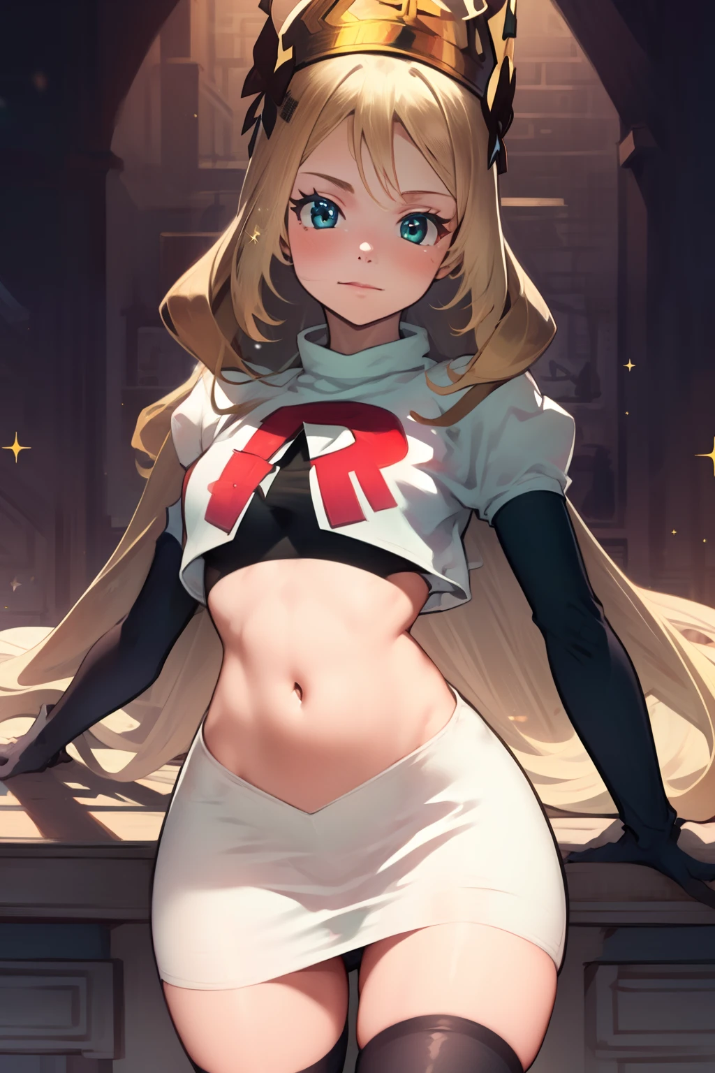 celinefe, celinecrown, team rocket uniform, red letter R, white skirt,white crop top,black thigh-high boots,black elbow gloves, cowboy shot, posing, sparkles of light around the elbow gloves