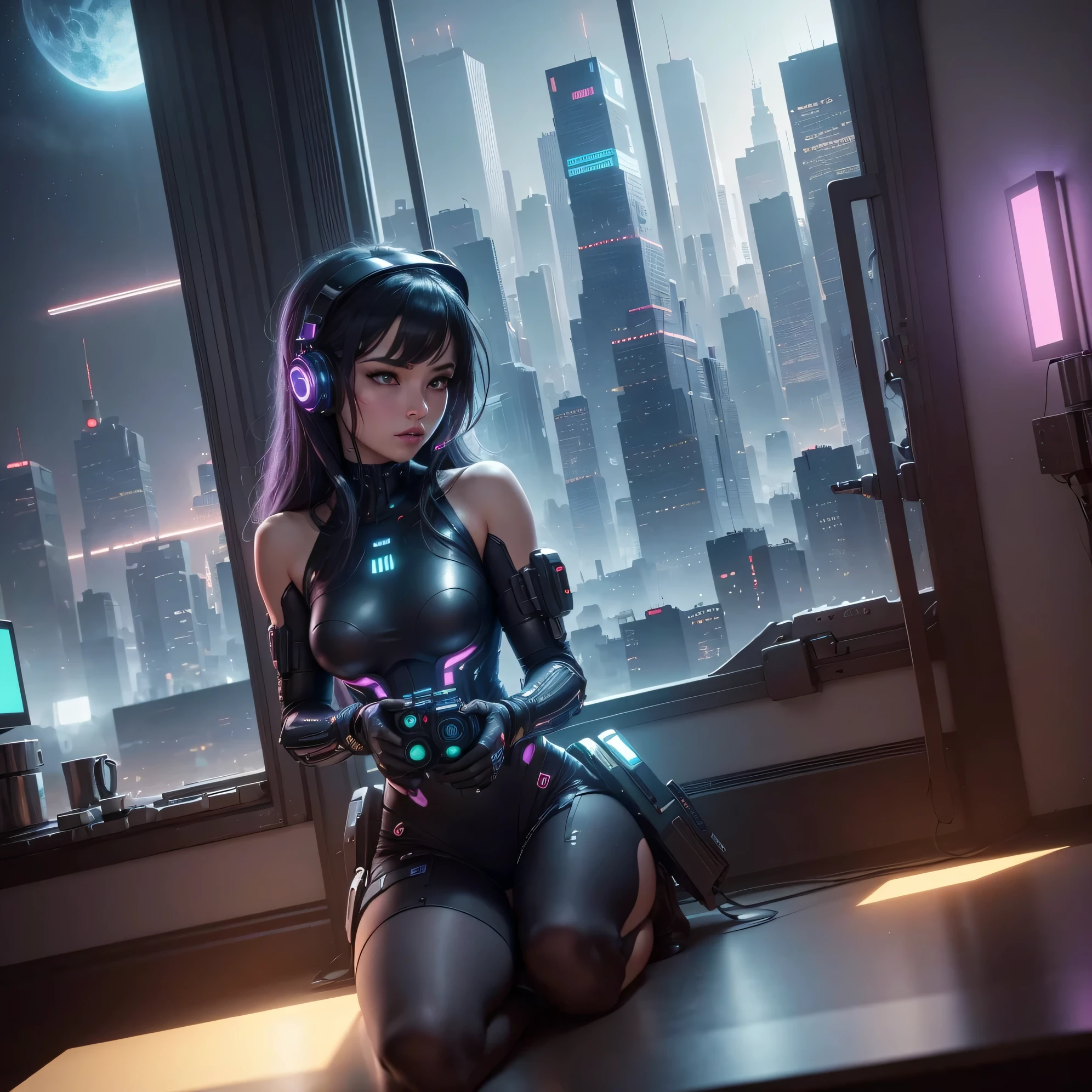 ((masterpiece)), (ultra-detailed), (intricate details), (high resolution CGI artwork 8k), Create an image of a retro futuristic cyberpunk bedroom. One of the walls should feature a big window with a busy, colorful, and detailed cyberpunk cityscape. Futuristic style with lots of colors and LED lights. The cityscape should be extremely detailed with depth of field. Utilize atmospheric lighting to create depth and evoke the feel of a busy futuristic city outside the window. Pay close attention to face details like intricate, hires eyes and bedroom accents. Camera: wide shot showing the room and the window. The window should be the focal point of the image. Lighting: use atmospheric and volumetric lighting to enhance the cityscape details. The room should be illuminated by the neon lights from the cityscape.