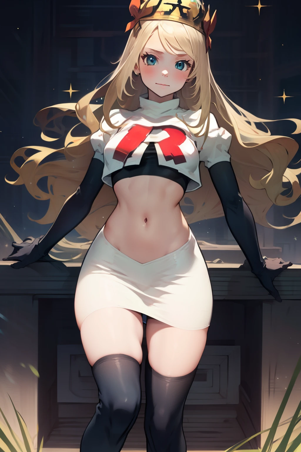 celinefe, celinecrown, team rocket uniform, red letter R, white skirt,white crop top,black thigh-high boots,black elbow gloves, cowboy shot, posing, sparkles of light around the elbow gloves