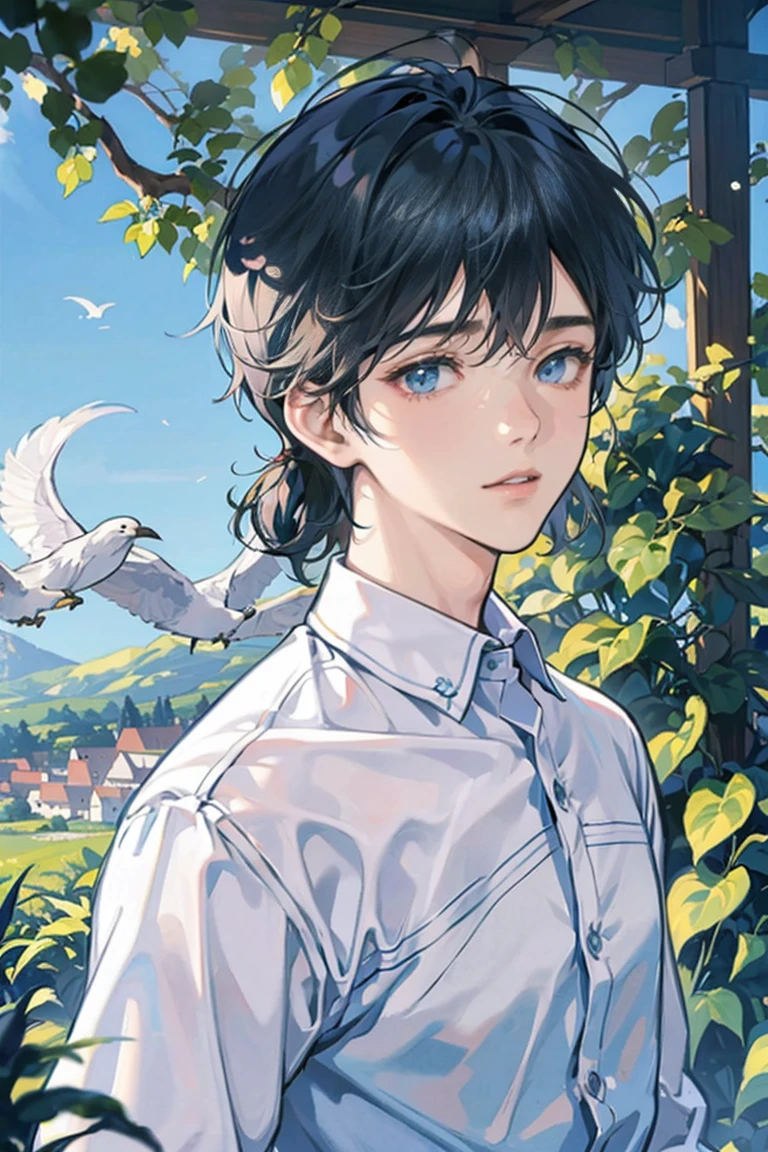 muito bonito、Cabelos Prateados、Country Scenario、Camisa Cortadora Branca、panthyhose、natural lighting、ghibli studio、sky-blue、alta resolução、best quality,