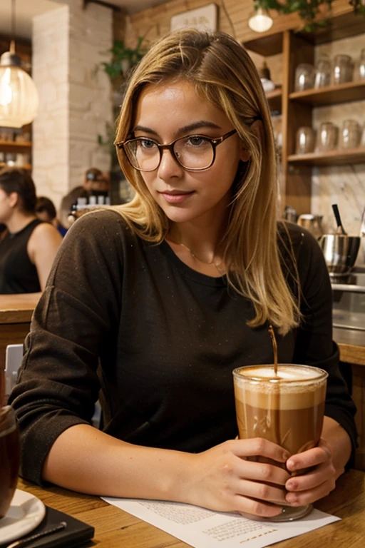 beautiful greek blonde girl, glasses in coffee shop