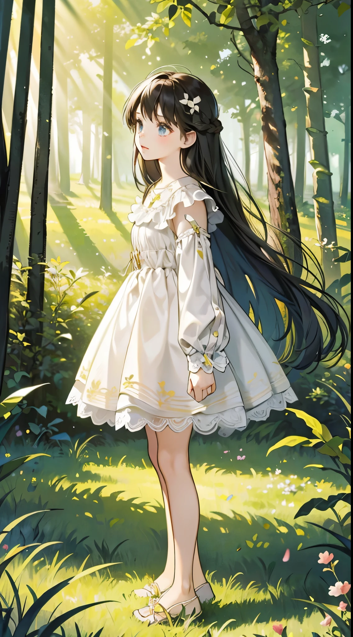 a little girl with long hair in a very short dress, standing in a field next to a tree, with a tall tree, in the forest. digital art art, Some trees in the background, standing in the forest, standing in the forest, Tree in the background, Among nature, standing in the forest, Nature anime