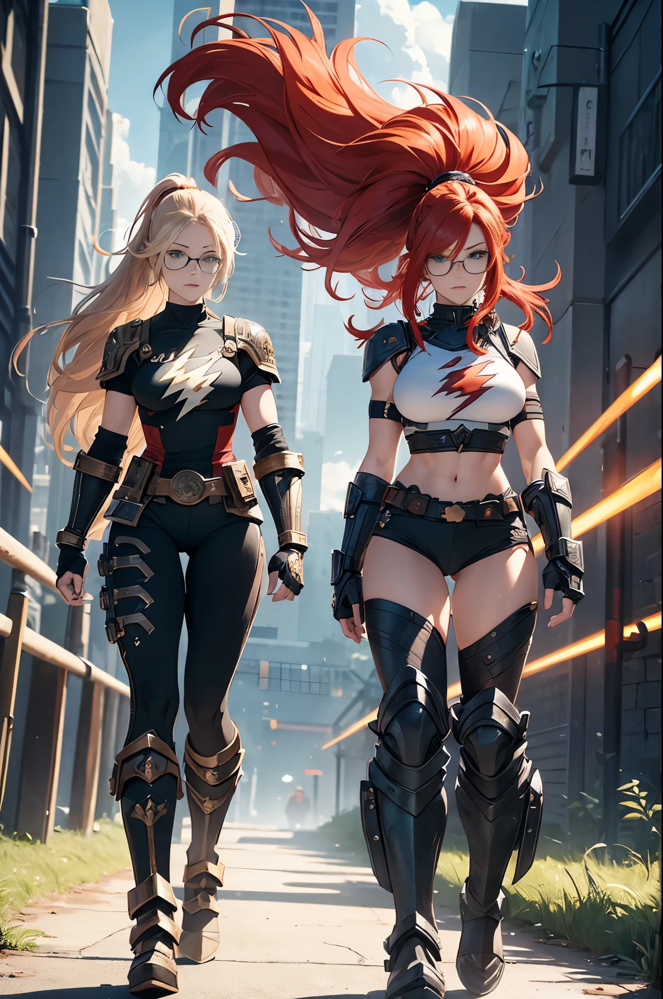 (1woman),woman walking on way,redhead,huge hair ,ponytail hair,green eyes,fine face,muscular,strong arms,strong lags,(vambrace),(vambrace),(metal vambrases),(((Gauntlet))),t-shirt,white t-shirt,big boots,lighting powers,energy around her,lightning grouing from her,glasses,tactical clothes