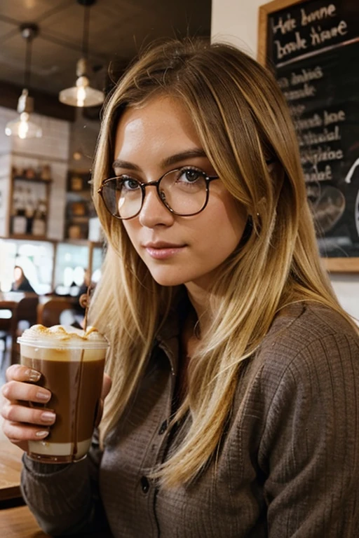 beautiful blonde girl, glasses in coffee shop