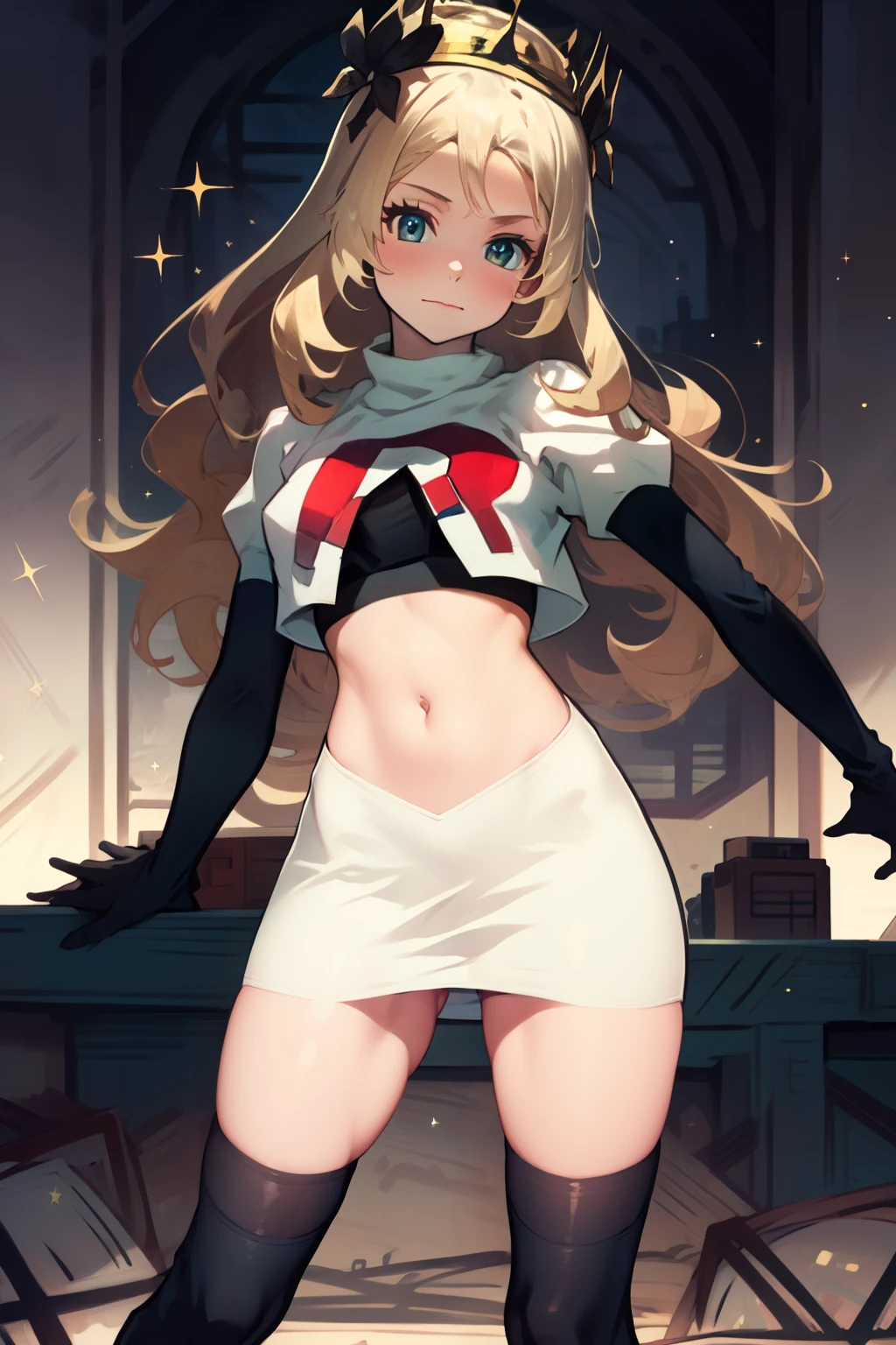 celinefe, celinecrown, team rocket uniform, red letter R, white skirt,white crop top,black thigh-high boots,black elbow gloves, cowboy shot, posing, sparkles of light around the elbow gloves