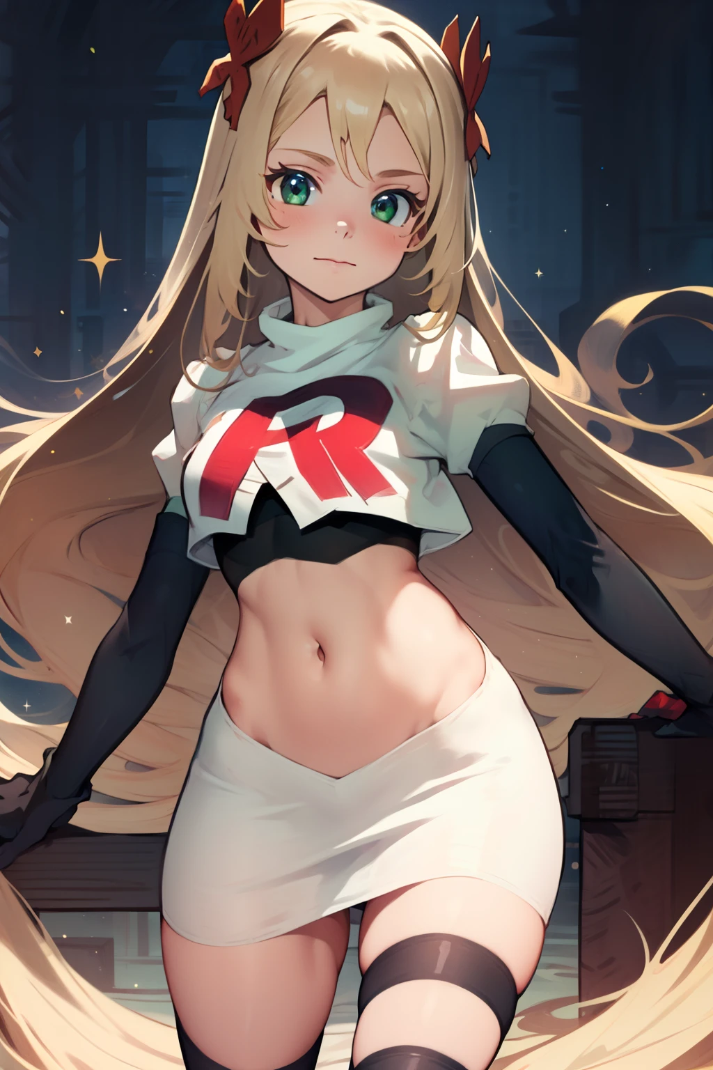 celinefe, celinecrown, team rocket uniform, red letter R, white skirt,white crop top,black thigh-high boots,black elbow gloves, cowboy shot, posing, sparkles of light around the elbow gloves