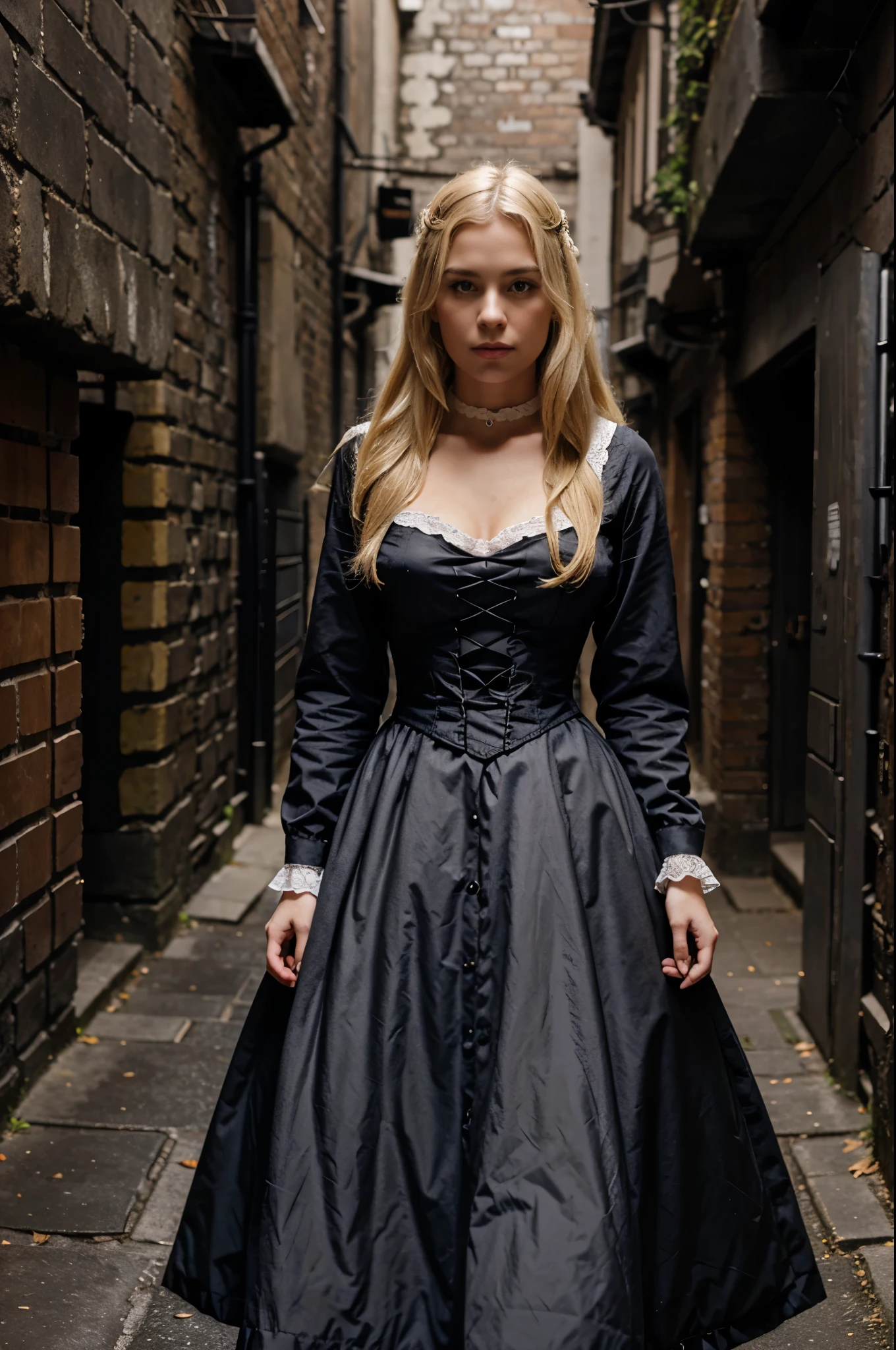 Blonde woman in victorian dress in dark alley