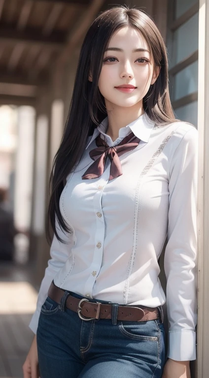 Photorealistic, masutepiece, Best Quality, Raw photo, 1girl in, Solo, Long hair, Brown hair, Detailed face, alluring face, mournful smile、From thigh up、Collared shirt, medium breasts, Dynamic Pose, Looking at Viewer, From below, Detailed background, fine detailed, intricate detailes, Ray tracing, depth of fields, lowkey, nffsw