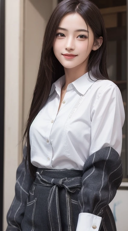 Photorealistic, masutepiece, Best Quality, Raw photo, 1girl in, Solo, Long hair, Brown hair, Detailed face, alluring face, mournful smile、From thigh up、Collared shirt, medium breasts, Dynamic Pose, Looking at Viewer, From below, Detailed background, fine detailed, intricate detailes,  Ray tracing, depth of fields, lowkey, nffsw