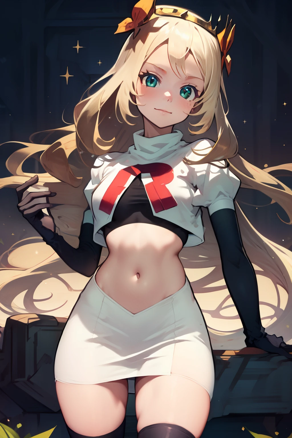 celinefe, celinecrown, team rocket uniform, red letter R, white skirt,white crop top,black thigh-high boots,black elbow gloves, cowboy shot, posing, sparkles of light around the elbow gloves