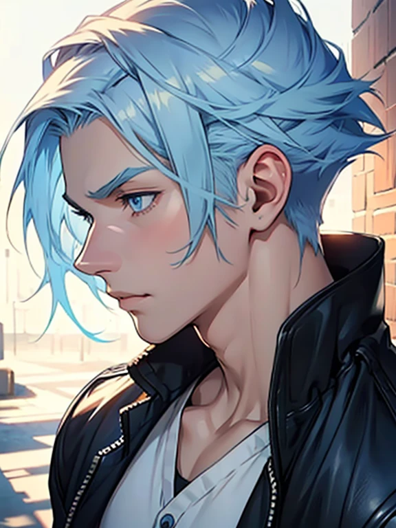 Pale teenage man, male, blue eyes, button nose, thin lips, extremely pretty and handsome, sunlight, side profile view, casual ,short pale Blue hair, pretty, highly detailed, epic, anime style