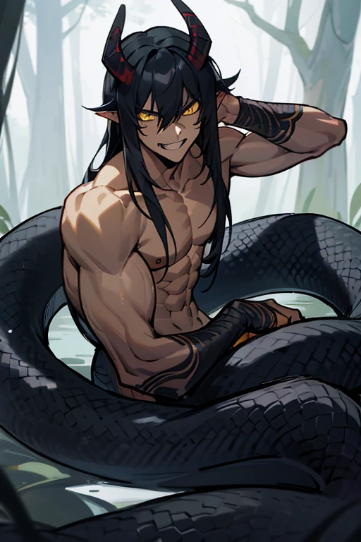 an image a drawing of a man whose lower body is a snake, 1boy, black scales, black snake, male focus, solo, (monster boy), lamia, snake eyes, yellow eyes, (tsurime:1.0), oni horns, (fang), teeth, evil grin, black hair, muscular, topless, forest, masterpiece, best quality, high resolution, ultra-detailed
