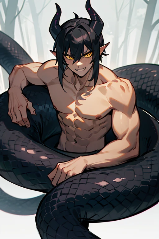 an image a drawing of a man whose lower body is a snake, 1boy, black scales, black snake, male focus, solo, (monster boy), lamia, snake eyes, yellow eyes, (tsurime:1.0), oni horns, (fang), teeth, evil grin, black hair, muscular, topless, forest, masterpiece, best quality, high resolution, ultra-detailed