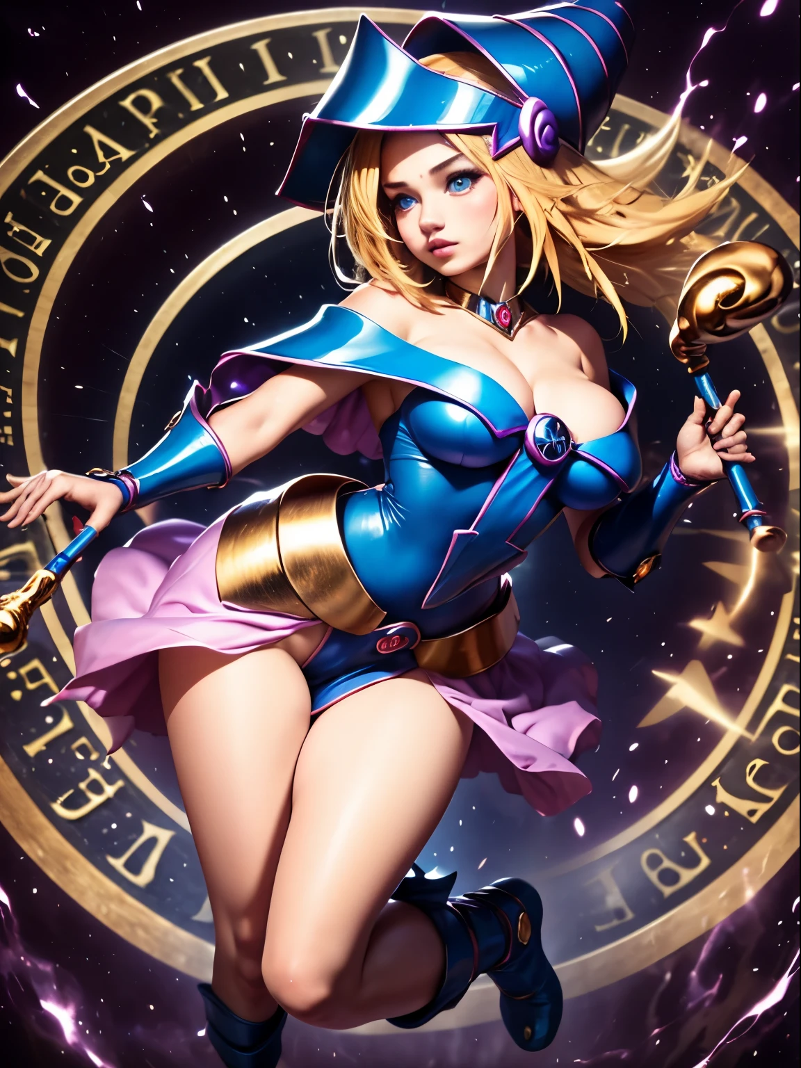 ultra-detailed, extremely detailed, masterpiece, highest quality, best quality, absurdres, highres, dark magician girl, (1girl:1.2), solo, detailed face, dynamic pose, hair flow, (full body:1.1), blonde hair, long hair, looking at viewer, green eyes, skindentation, detailed skin, skin pores, (shiny skin, glossy skin:1.1), rosy skin details, breasts, nail polish, skirt, blue footwear, blue headwear, wizard hat, wand, holding hat, (blue panties:0.9), (summoning circle:1.1), hexagram, pentacle, pentagram, yu-gi-oh!, duel monster, purple magic field, glow, detailed background, intricate background,