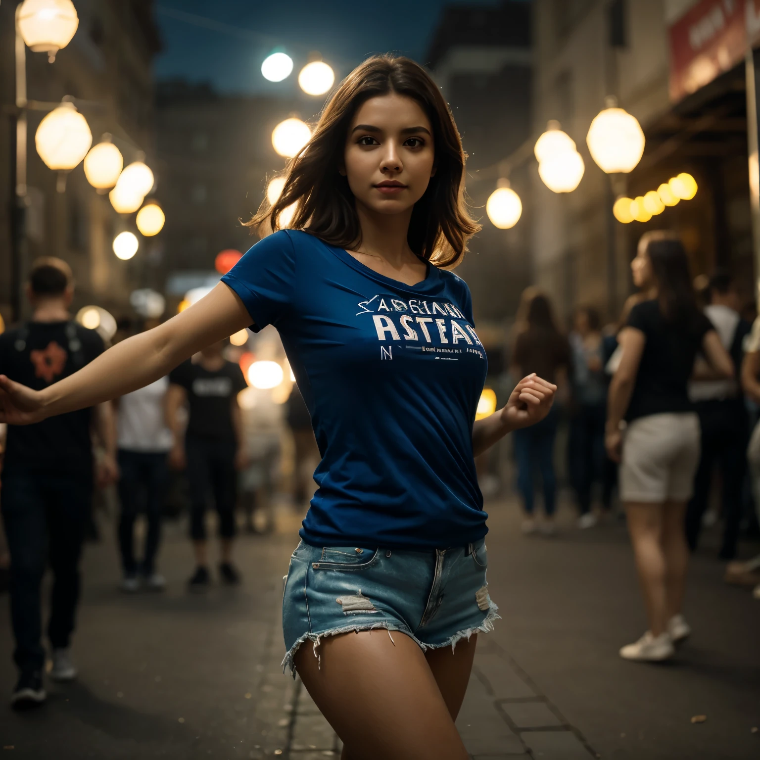 Qualidade Superior, fotorrealista, 8k, High definition, 1 girl, Woman, (dentadura da pele), (seios grandes), (professional lighting, Bokeh), (Rua), (Povo, crowd: 0.6), mercado, (Noite: 1.2), (cinza: 2.0), (blusa: 1.5), (Trazer: 0.6), gorgeous, florescer, (cabelos flutuantes), (light particles, Reflexo da lente, glow particles: 0.6), ( dynamic pose: 1.2), soft lighting,