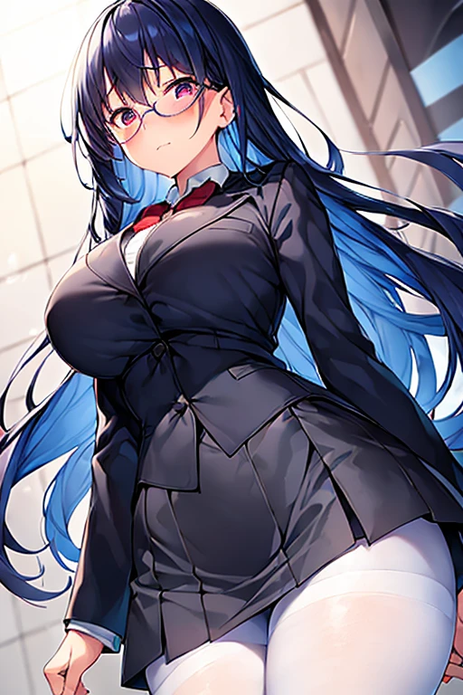 1girl, black hair, long hair, blue eyes, red glasses, glasses, blue eyes, large breasts, mature female, (school uniform), black shirt, shirt, dark blue shirt, white skirt, pantyhose, shy, timid