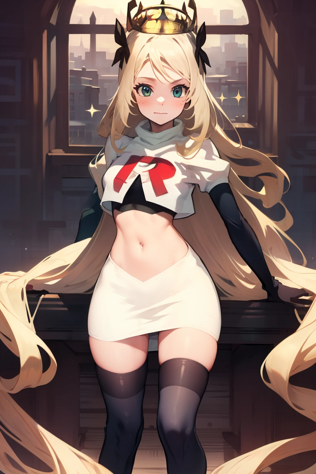 celinefe, celinecrown, team rocket uniform, red letter R, white skirt,white crop top,black thigh-high boots,black elbow gloves, cowboy shot, posing, sparkles of light around the elbow gloves