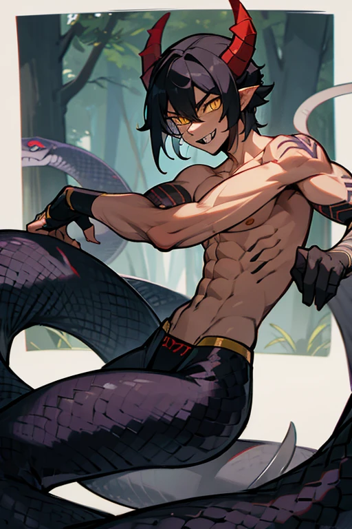 an image a drawing of a man whose lower body is a snake, 1boy, black scales, black snake, male focus, solo, (monster boy), lamia, snake eyes, yellow eyes, (tsurime:1.0), oni horns, (fang), teeth, evil grin, black hair, muscular, topless, tribal tattoo, forest, masterpiece, best quality, high resolution, ultra-detailed