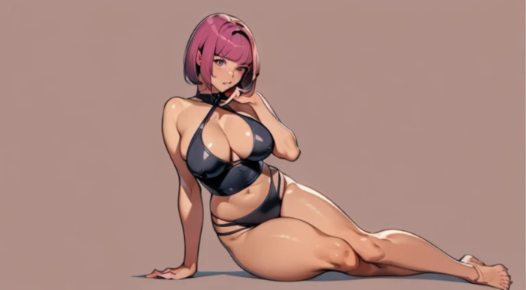 sexy pose, pink hair, (short bangs hair:1.36), detailed brown eyes, narrow waist, depth of field, 1girl, (on a   background:1.3), (full body), big breasts, wide hips, ((thigh cutout)), (((dark skin))), oily skin,