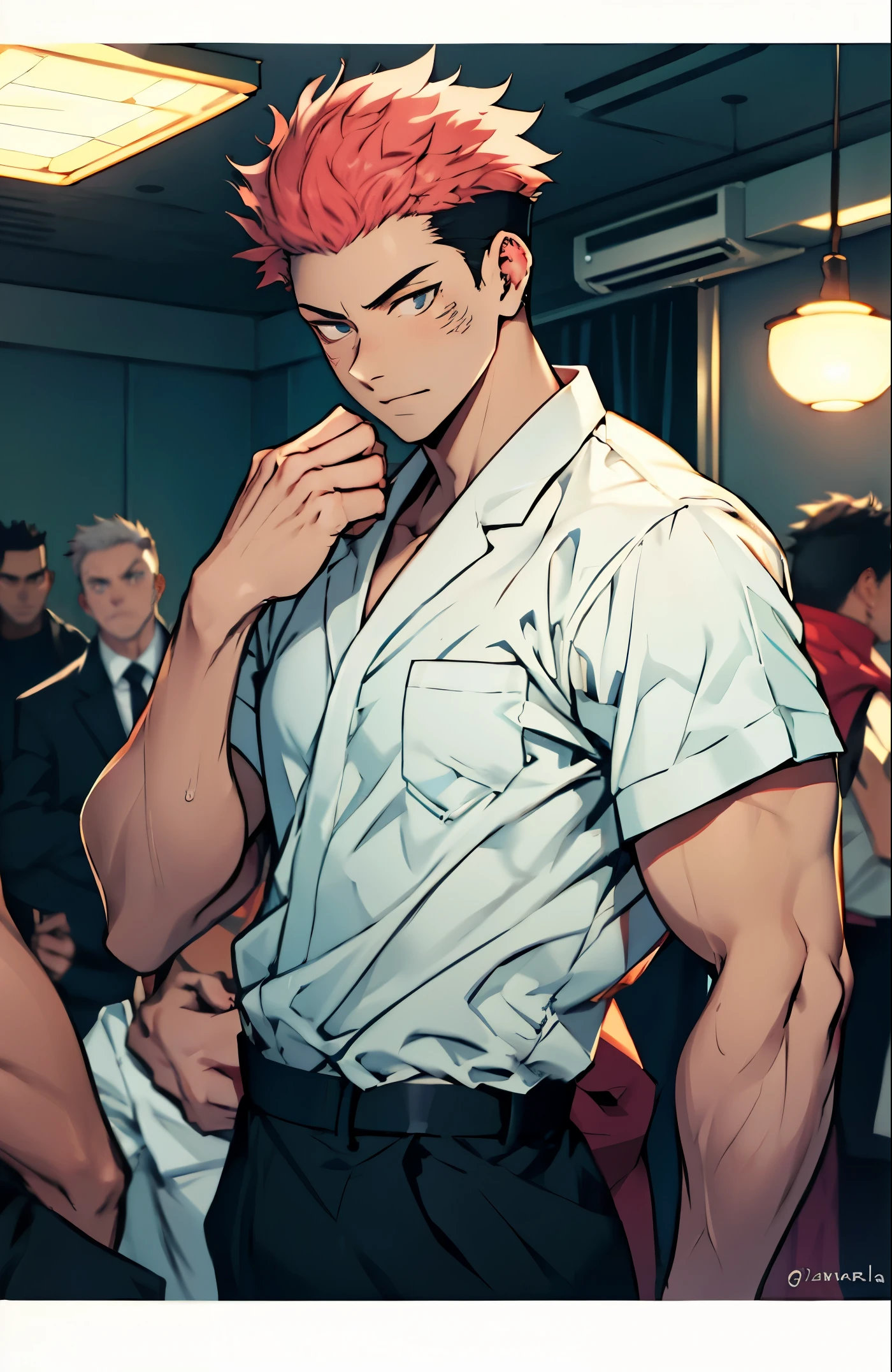 A mais alta qualidade, 8K, image high resolution, estilo Jujutsu Kaisen, Detailed strokes, luz entrando pelas janelas, (angulo de perto), 1 homem, in an old French ballroom with other people in the background , musculoso, cabelo vermelho, wearing a dress shirt , pants marking the crotch, olhos marcantes, swollen chest