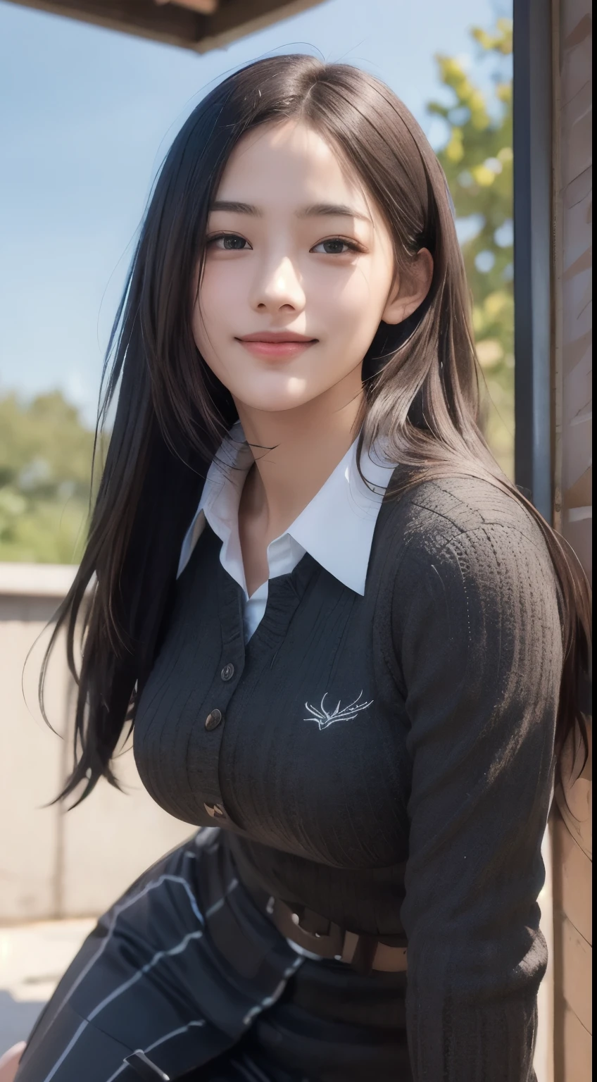 Photorealistic, masutepiece, Best Quality, Raw photo, 1girl in, Solo, Long hair, Brown hair, Detailed face, alluring face, mournful smile、From thigh up、Collared shirt, medium breasts, Dynamic Pose, Looking at Viewer, From below, Detailed background, fine detailed, intricate detailes, Ray tracing, depth of fields, lowkey, nffsw