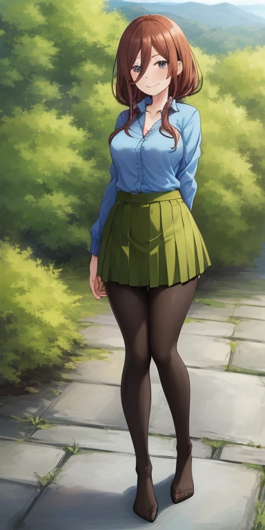 2d, masterpiece, best quality, anime, highly detailed, 1girl, solo, cowboy shot, nakano miku, brown hair, hair between eyes, blue cardigan, headphones, pantyhose, collared shirt, green skirt, miniskirt, medium breasts, standing, school, outdoors, smile, sitting on rock, ((full body:1.5))