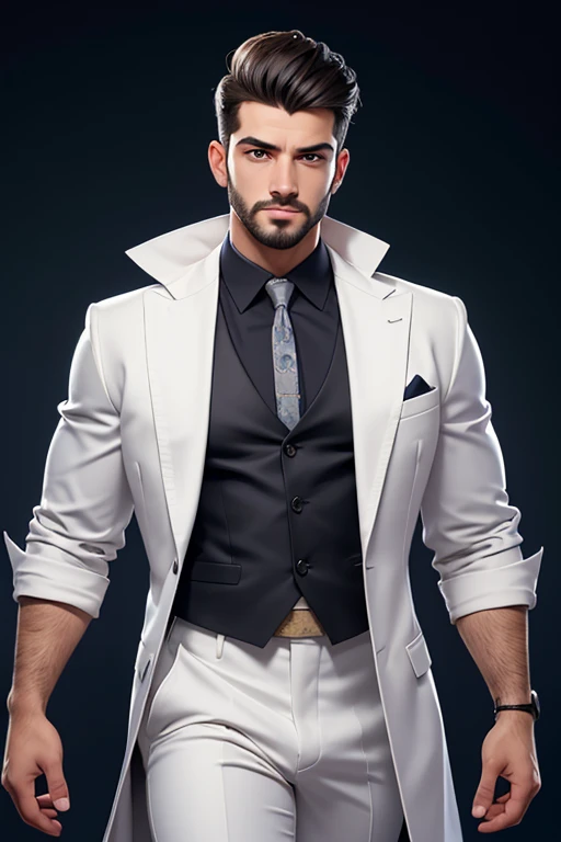 "Generar una imagen de Nacho, un hombre imponente de 2 metros de altura y 100 kilogramos de peso. Su cabello es negro azabache, his eyes are grayish blue, y su piel tiene un tono aceitunado. A pesar de su apariencia, No one would say he has Russian ancestry.. Su rostro es ovalado, with a small hourglass shaped knob. Los ojos de Nacho son grandes y rasgados, accompanied by a long and ankylosed nose. Su boca es larga, with the lower lip slightly thicker than the upper lip. Tiene miembros largos, delgados y fibrosos, y una espalda ancha, como si siempre llevara puesto un traje Slim fit hecho a medida. The image seeks to capture Nacho's unique and distinctive presence, balancing the elegance of his facial features with the robustness of his physical build."