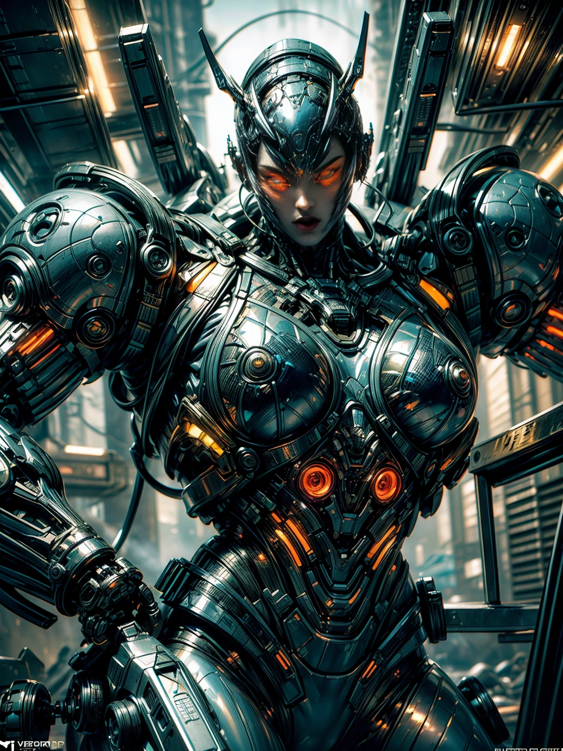 (megan fox), Cinematic, hyper-detailed, and insanely detailed, this artwork captures the essence of a muscular cyborg girl. Beautiful color grading, enhancing the overall cinematic feel. Unreal Engine brings her anatomic cybernetic muscle suit to life, appearing even more mesmerizing. With the use of depth of field (DOF), every detail is focused and accentuated, drawing attention to her eyes and the intricate design of the anatomic cybernetic muscle suit . The image resolution is at its peak, utilizing super-resolution technology to ensure every pixel is perfect. Cinematic lighting enhances her aura, while anti-aliasing techniques like FXAA and TXAA keep the edges smooth and clean. Adding realism to the anatomic cybernetic muscle suit, RTX technology enables ray tracing. Additionally, SSAO (Screen Space Ambient Occlusion) gives depth and realism to the scene, the girl's anatomic cybernetic muscle suit become even more convincing. In the post-processing and post-production stages, tone mapping enhances the colors, creating a captivating visual experience. The integration of CGI (Computer-Generated Imagery) and VFX (Visual Effect brings out the anatomic cybernetic muscle suit's intricate features in a seamless manner. SFX (Sound Effects) complement the visual artistry, immersing the viewer further into this fantastic world. The level of detail is awe-inspiring, with intricate elements meticulously crafted, the artwork hyper maximalist and hyper-realistic. Volumetric effects add depth and dimension, and the photorealism is unparalleled. The image is rendered in 8K resolution, ensuring super-detailed visuals. The volumetric lightning adds a touch of magic, highlighting her beauty and the aura of her anatomic cybernetic muscle suit in an otherworldly way. High Dynamic Range (HDR) technology makes the colors pop, adding richness to the overall composition. Ultimately, this artwork presents an unreal portrayal of a super muscled cyborg girl