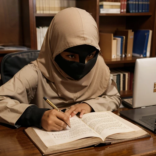 very beautiful mask woman,long shirt and long skirt outfit,super big breast,(P cup),very detailed facial happy expression,beautiful red eyes,hold a book,standing in classroom,hijab