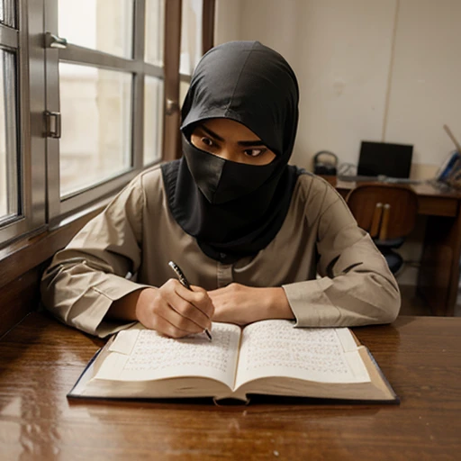 Muslim student in beige niqab writing desk