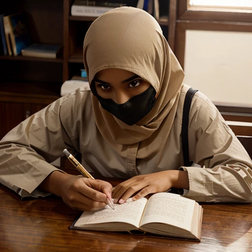 Muslim student in beige niqab writing desk