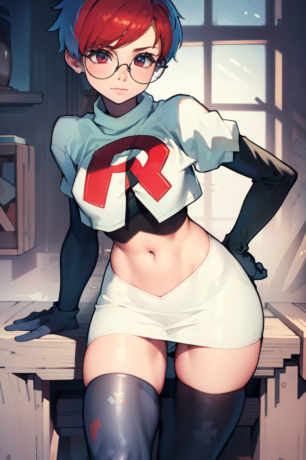 Penny, glasses, team rocket, team rocket uniform, red letter R, white skirt, white crop top, black thigh-high boots, black elbow gloves,