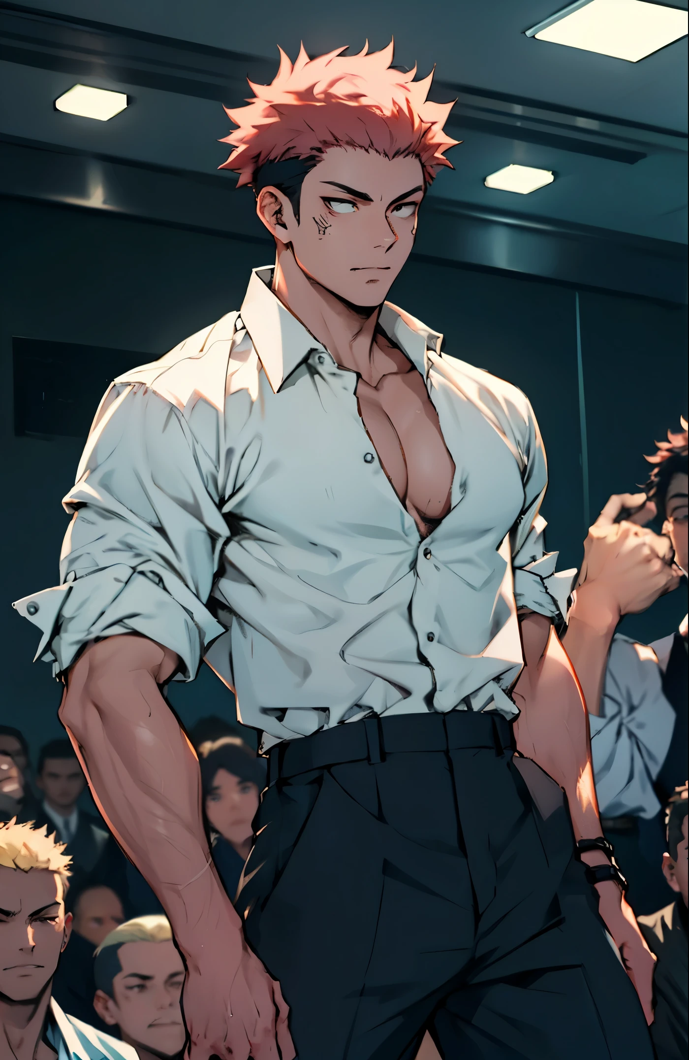 A mais alta qualidade, 8K, image high resolution, estilo Jujutsu Kaisen, Detailed strokes, luz entrando pelas janelas, (angulo de perto), 1 homem, in an old French ballroom with other people in the background , musculoso, cabelo vermelho, wearing a dress shirt   , pants marking the crotch, olhos marcantes, swollen chest